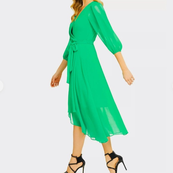 DKNY Dress Chiffon Faux-Wrap VNeck Balloon Slv Bright Apple Green Sz 16 - Picture 8 of 13